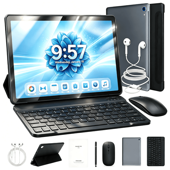 10 inch Android 15 Tablet, 24GB RAM 128GB ROM, WiFi 6, Keyboard & Mouse Bundle, Gray for Student Office