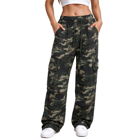ROXLUVEN Womens High Waisted Casual Camouflage Straight Pants Y2K Baggy Drawstring Elastic Waist Camo Cargo Pants for Women Green Camo XL