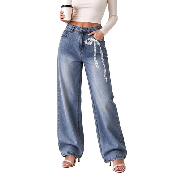 ROXLUVEN Wide Leg Jeans for Women Trendy High Waisted Stretchy Baggy Bow Lace Print Casual Denim,Size S-XXL