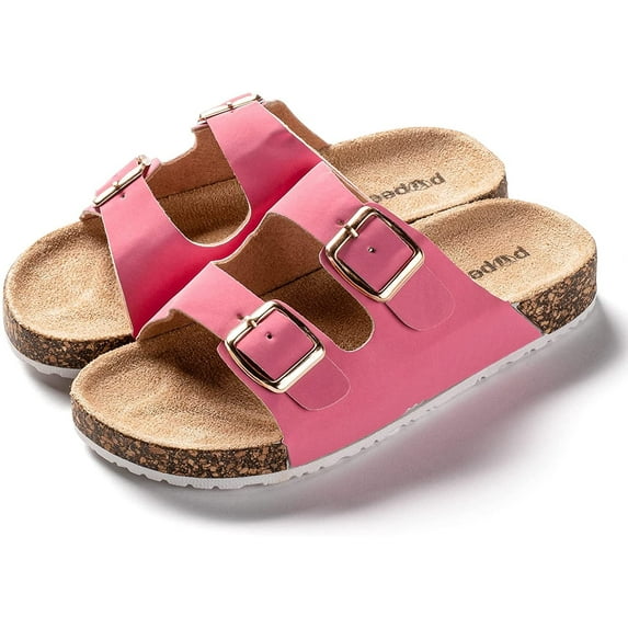ROXONI Girls Comfort Sandals Double Buckle Adjustable Slip on Summer Slides Soft Footbed EVA Flat Slides Footbed Suede with Arch Support Non-Slip