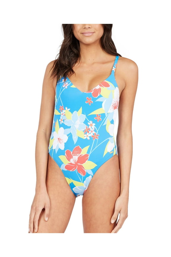 Women's Blue Floral Removable Cups Deep V Neck Tie She Just Shines One Piece Swimsuit L, Regular