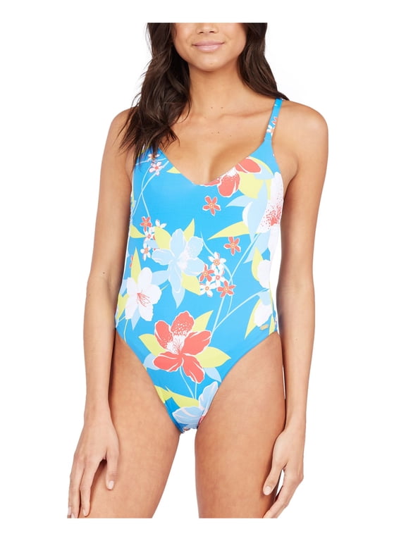 Women's Blue Floral Removable Cups Deep V Neck Tie She Just Shines One Piece Swimsuit S