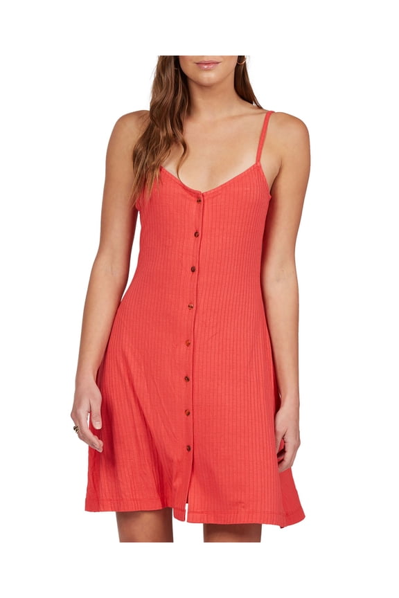Women's Red Stretch Button Front Deep V Neck Ribbed Dream Swimsuit Cover Up L