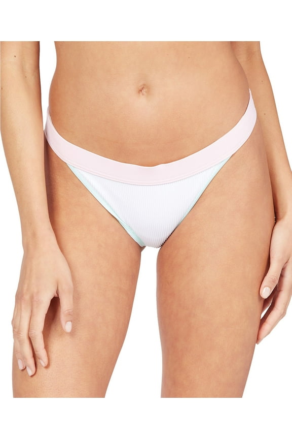 Women's White Color Block Stretch Lined Ribbed Moderate Coverage Surf High Leg Swimsuit Bottom L