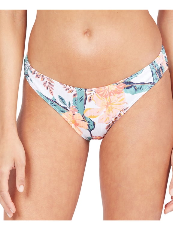 Women's White Floral Stretch Lined Full Coverage Textured Just Shine Bikini Swimsuit Bottom L