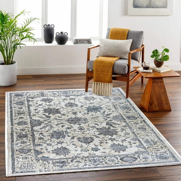 ROY's Home HighLow Area Rugs, Big Flower Vintage Lines Effect, Shiny Dark and Silver Effect