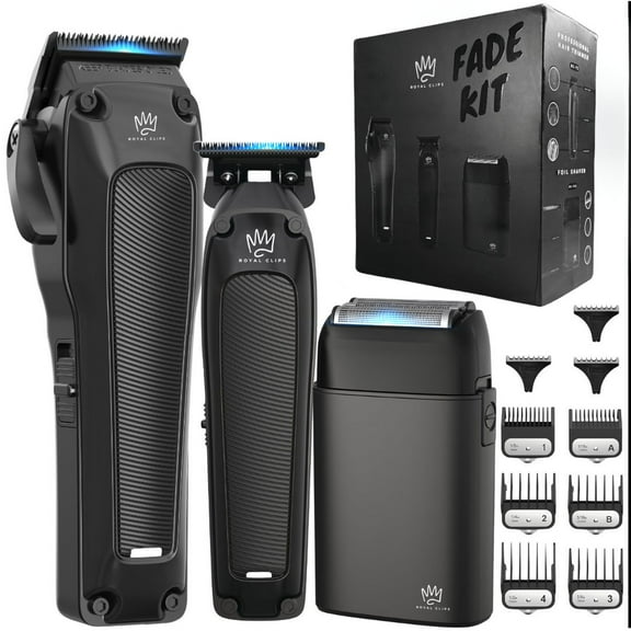 Royal Clips Hair and Beard Fade Kit 2.0 – Professional Clipper, Trimmer & Foil Shaver Bundle for Men, Complete Haircut Set for Barbers, Home Use & Grooming – 5-Hour Battery, 10pcs Limit Combs - Black
