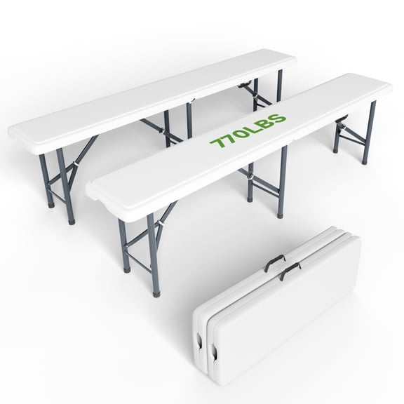 ROYAL CODE 6FT Folding Bench – Safety Lock, 770lbs Capacity, Wide Handle, Portable for Outdoor, Picnic, Camping – White, 2 Pack