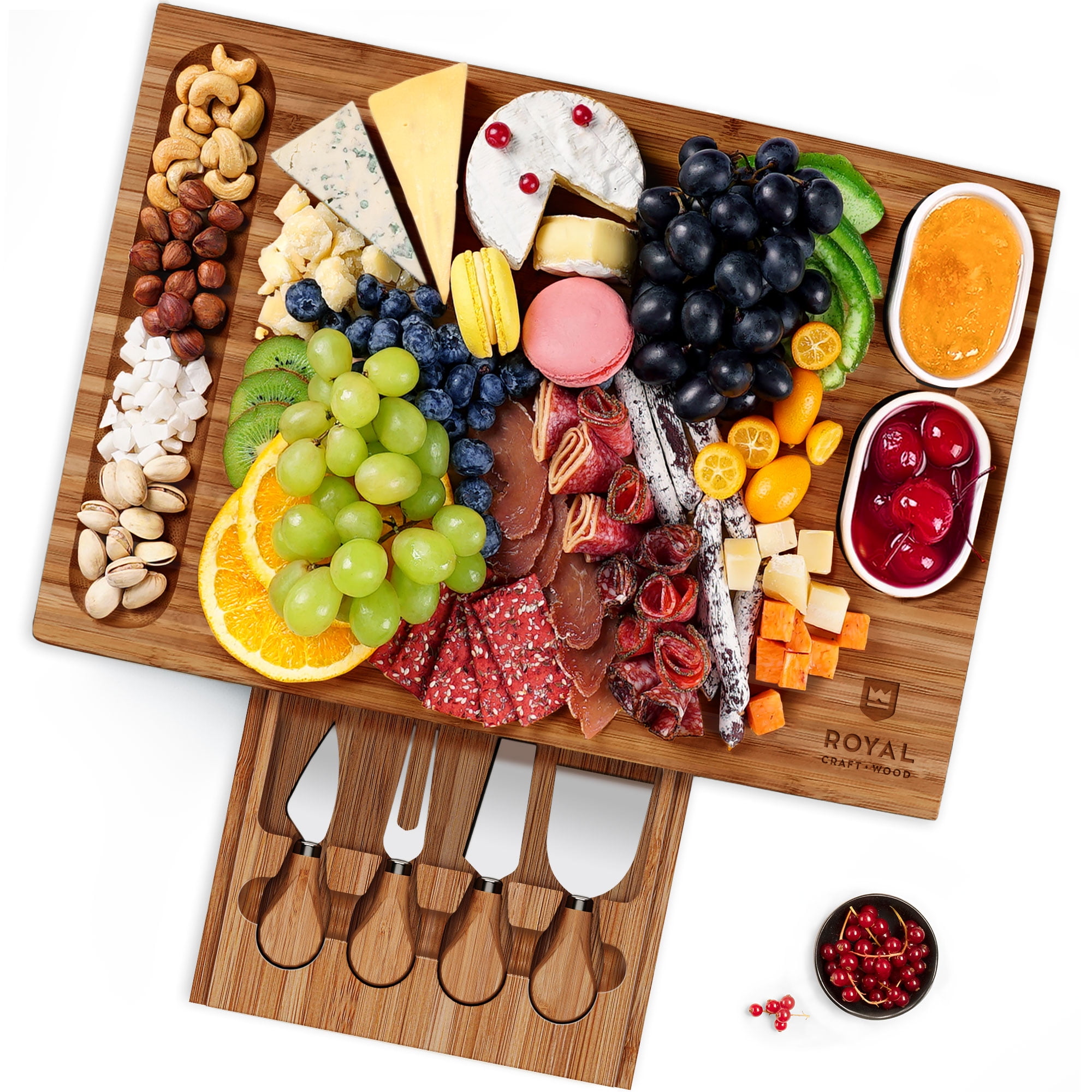 ROYAL CRAFT WOOD Unique Bamboo Charcuterie Board, Cheese Platter & Serving  Tray Including 4 Stainless Steel Knife & Thick Wooden Server - Fancy House