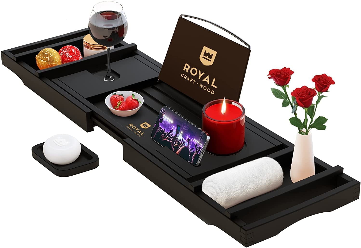 Royal Craft Wood Expandable Bamboo Bathtub Tray Caddy – Bathroom Caddy Organizer for Bath Tub with Tablet, Wine Glass & Soap Holder – Relaxing Spa Bath Shelf for Home Us (Black)