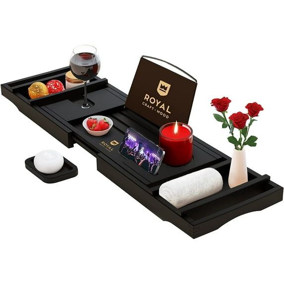 Royal Craft Wood Expandable Bamboo Bathtub Tray Caddy – Bathroom Caddy Organizer for Bath Tub with Tablet, Wine Glass & Soap Holder – Relaxing Spa Bath Shelf for Home Us (Black)