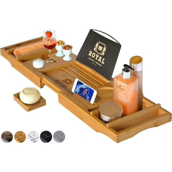 Royal Craft Wood Expandable Bamboo Bathtub Tray Caddy – Bathroom Caddy Organizer for Bath Tub with Tablet, Wine Glass & Soap Holder – Relaxing Spa Bath Shelf for Home Us (Natural)