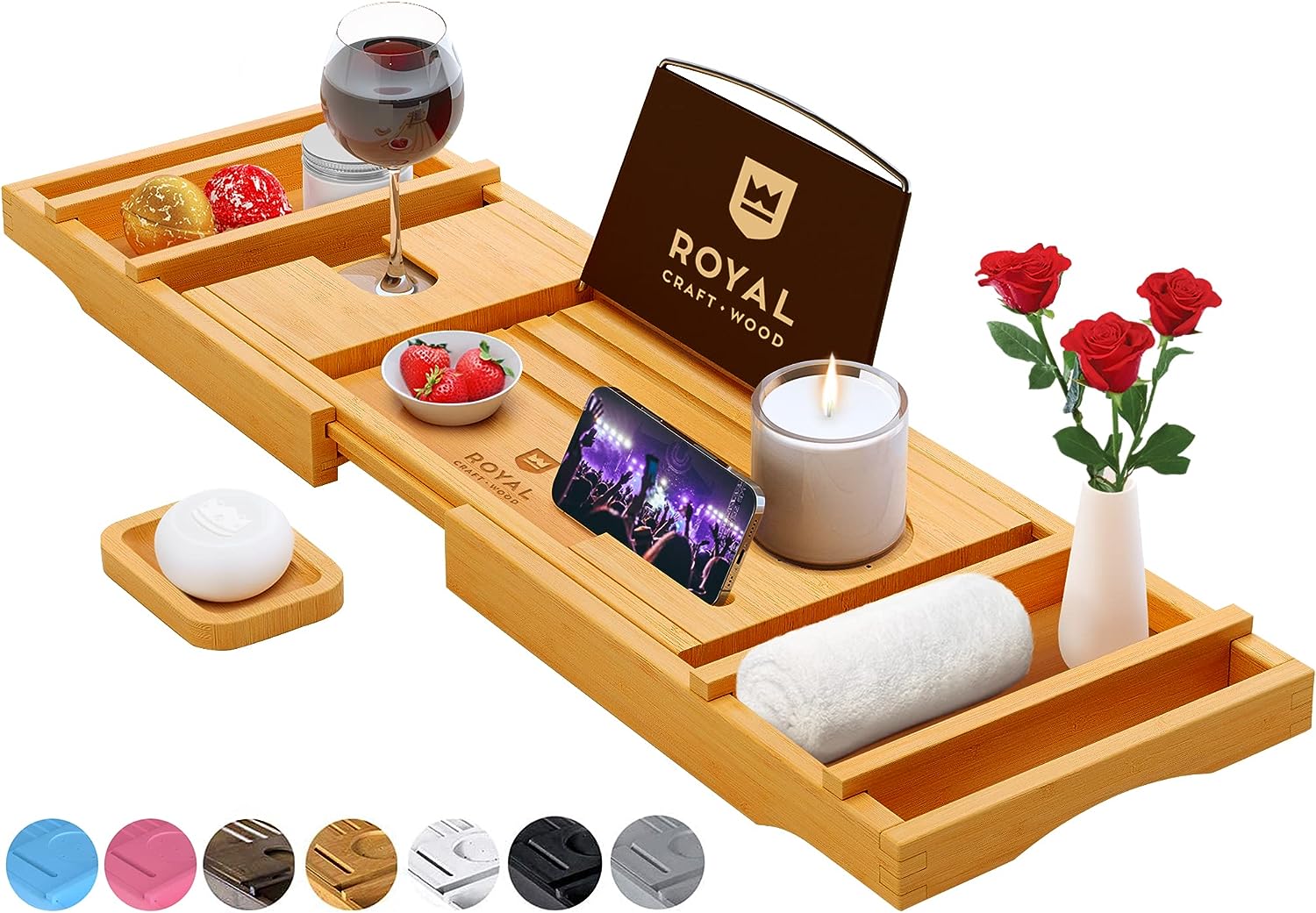 ROYAL CRAFT WOOD Luxury Bathtub Caddy Tray, One or Two Person Bath and Bed Tray, Bonus Free Soap Holder (Natural Bamboo Color) - image 1 of 10