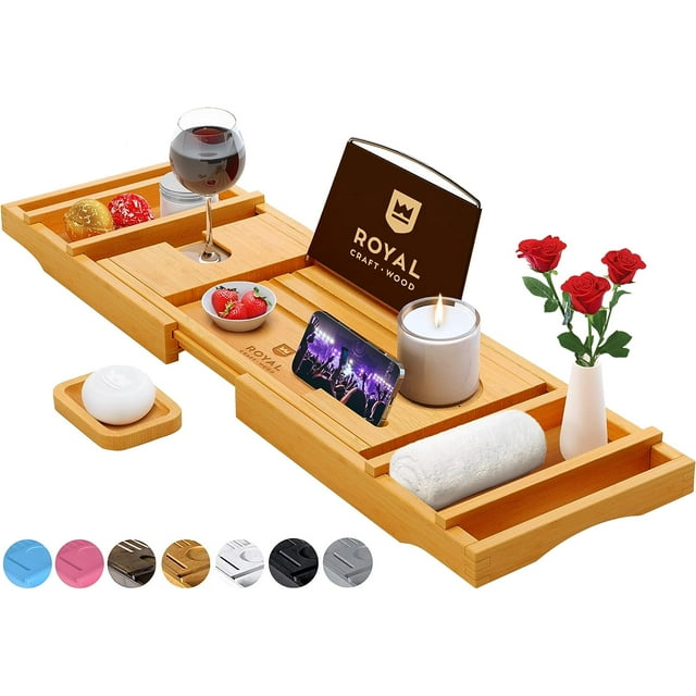 ROYAL CRAFT WOOD Luxury Bathtub Caddy Tray, One or Two Person Bath and Bed Tray, Bonus Free Soap Holder (Natural Bamboo Color)