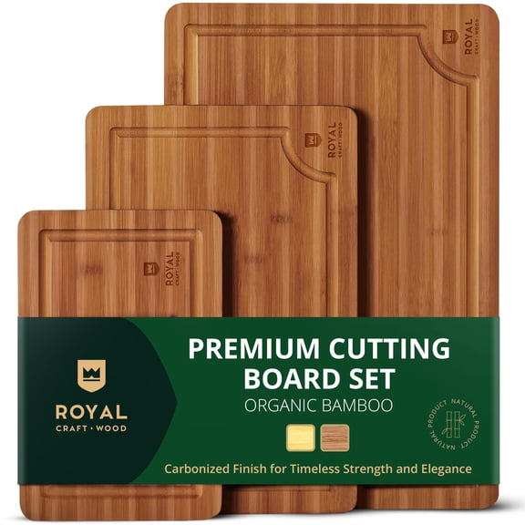 ROYAL CRAFT WOOD Premium Cutting Board Set  Carbonized Bamboo & Wooden Cutting Boards for Kitchen Meal Prep, Durable Butcher Block for Meat with Side Handles, Deep Juice Groove, Charcuterie &Choppin