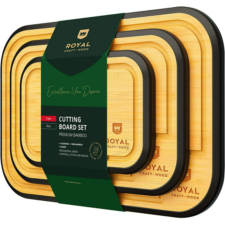 ROYAL CRAFT WOOD Unique Bamboo Cutting Board Set with Juice Groove (3  Pieces) - Wooden Cutting Boards for Kitchen (Black, Limited Edition) 