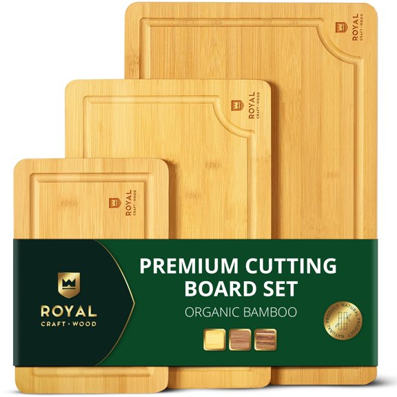 ROYAL CRAFT WOOD Wooden Cutting Boards for Kitchen Meal Prep & Serving - Bamboo Wood Serving Board Set with Deep Juice Groove Side Handles - Charcuterie & Chopping Butcher Block for Meat