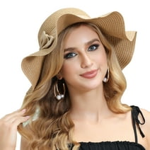 ROYAL MATRIX Women Straw Sun Hat Wide Brim UV Protection Beach Hat Summer Floppy Hat with Linen Bow Khaki