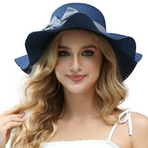 ROYAL MATRIX Women Straw Sun Hat Wide Brim UV Protection Beach Hat Summer Floppy Hat with Linen Bow Navy