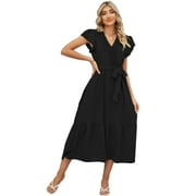 ROYAL MATRIX Women Summer Bohemian Floral Casual Wrap V Neck Ruffle Cap Sleeveless Belt A-Line Pleated Hem Swing Midi Sun Dress (Black, M)