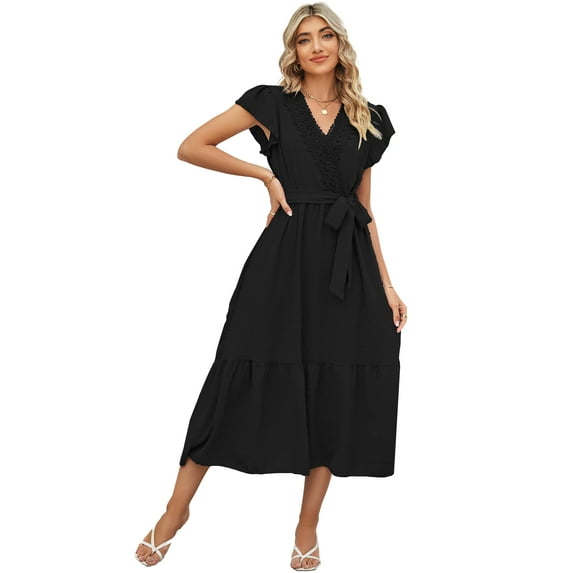 ROYAL MATRIX Women Summer Bohemian Floral Casual Wrap V Neck Ruffle Cap Sleeveless Belt A-Line Pleated Hem Swing Midi Sun Dress (Black, XXL)