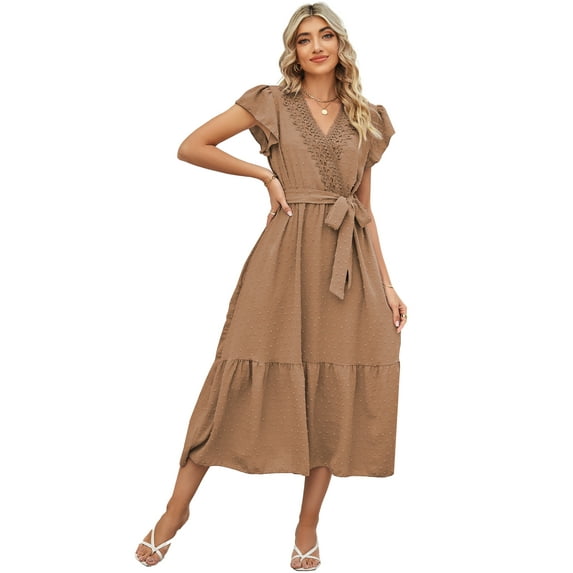 ROYAL MATRIX Women Summer Bohemian Floral Casual Wrap V Neck Ruffle Cap Sleeveless Belt A-Line Pleated Hem Swing Midi Sun Dress (Khaki, S)