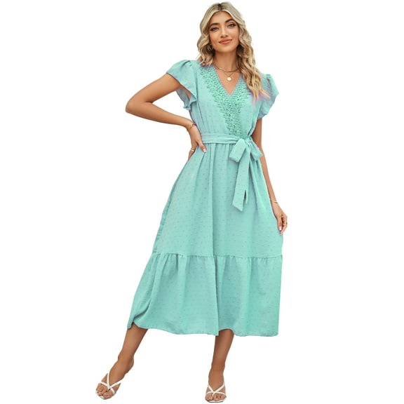 ROYAL MATRIX Women Summer Bohemian Floral Casual Wrap V Neck Ruffle Cap Sleeveless Belt A-Line Pleated Hem Swing Midi Sun Dress (Light Blue, M)