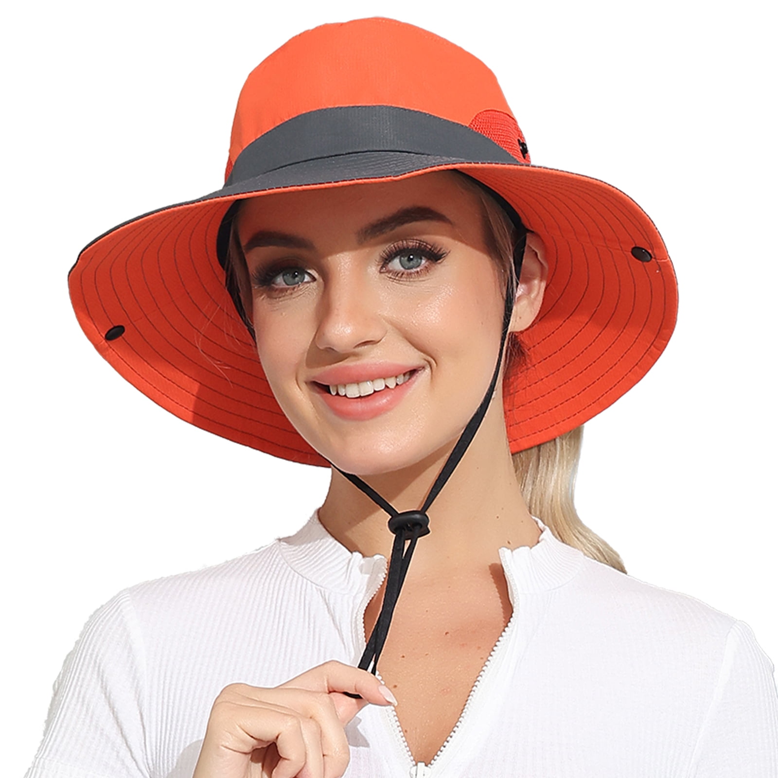 ROYAL MATRIX Women's Outdoor UV Protection Sun Hat Foldable Fishing Hats  Mesh Wide Brim Beach Cap with Ponytail Hole Orange & Grey