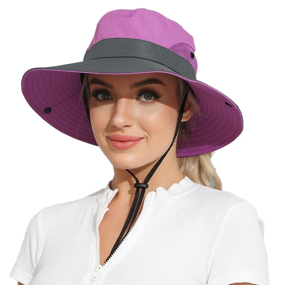 ROYAL MATRIX Women's Outdoor UV Protection Sun Hat Foldable Fishing Hats Mesh Wide Brim Beach Cap with Ponytail Hole Purple & Grey
