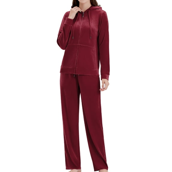 ROYAL MATRIX Women's Velour Sweatsuits - 2 Pieces Velvet Tracksuits Long Sleeve Full Zip Outfits Hoodie & Sweatpants Sets (Wine, M)