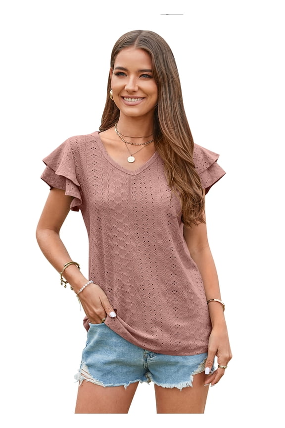 Womens Tshirts Loose Fit Crew Neck Ruffle Sleeve Summer Casual Tops (Cameo Brown, M)