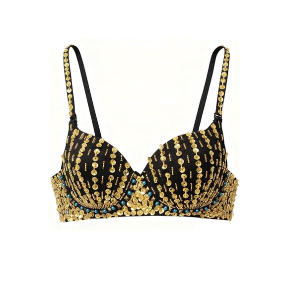 ROYAL SMEELA Sequin Beaded Bra with Stretchy Rave Comfort - Elegant Support for Any Occasion Black