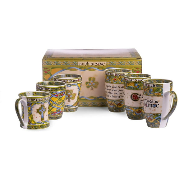 ROYAL TARA Irish Set of 6 Irish Emblems Mugs - Irish Saying, Cead Mile Failte, Celtic Cross and Shamrock Cups | Gift from Ireland