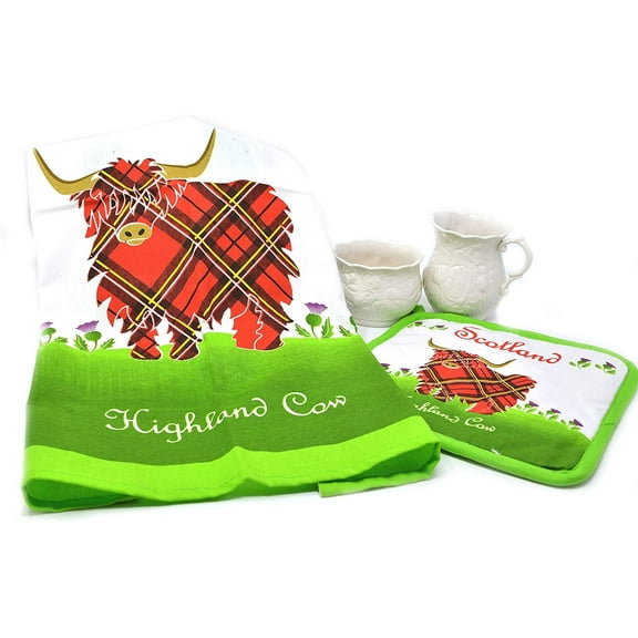 ROYAL TARA Scottish Tea Towel & Pot Holder with Highland Cow 100% Cotton - Clara Crafts Gift from Ireland