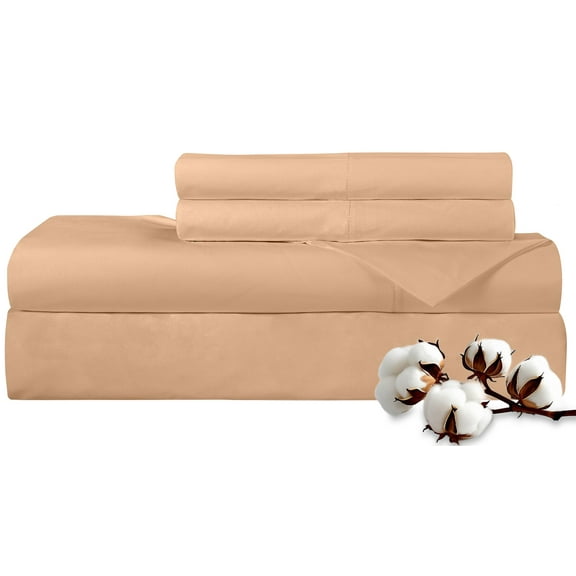 ROYALE LINENS 300 Thread Count 100% Long Staple Combed Cotton Sheet Set - 4 Piece Queen Bed Sheets - 1 Fitted, 1 Flat & 2 Pillow Cases - Soft Cool & Crisp Sheet Set (Queen, Sand)