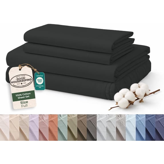 ROYALE LINENS 100% Organic Cotton Full Sheet Set - 16" Deep Pocket Bed Sheets - Eco Friendly Black Bed Sheets - Sábanas Full - 1 Flat, 1 Fitted & 2 Pillowcases - Black Sheet Set - Cotton Bedding Sets