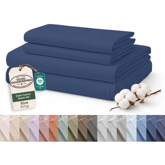 ROYALE LINENS 100% Organic Cotton King Sheet Set - 16" Deep Pocket Bed Sheets - Eco Friendly Navy Bed Sheets - Sábanas King - 1 Flat, 1 Fitted & 2 Pillowcases - Navy Sheet Set - Cotton Bedding Sets