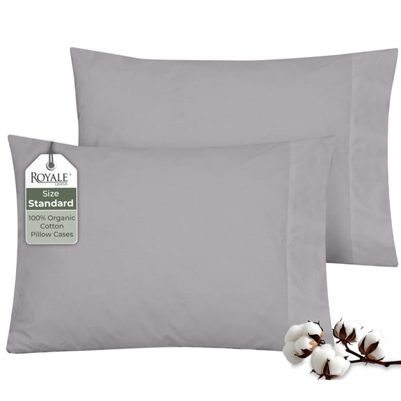 ROYALE LINENS 100% Organic Cotton Percale Pillowcases Set of 2 - Standard Size Percale Pillowcase - Standard Set of 2 Pillow Cover - Breathable, Cool & Crisp Pillow Cases (20"x26", Silver)