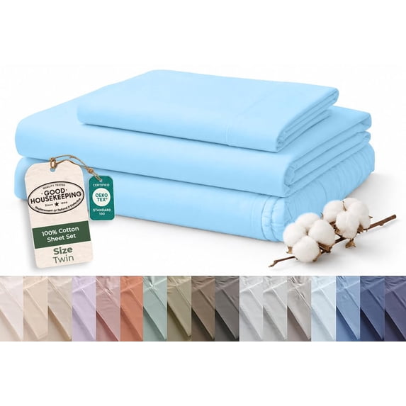 ROYALE LINENS 100% Organic Cotton Twin Sheet Set - 16" Deep Pocket Bed Sheets - Lake Blue Bed Sheets - Sábanas Twin - 1 Flat, 1 Fitted & 1 Pillowcase - Lake Blue Sheet Set - Cotton Bedding Sets