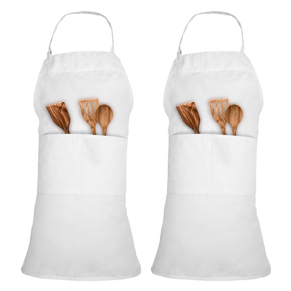 ROYALE LINENS 2 Pack Adjustable Bib Apron with 2 Pockets - Chef Cooking Kitchen Aprons for Women Men Chef (Pack Of 2, White)