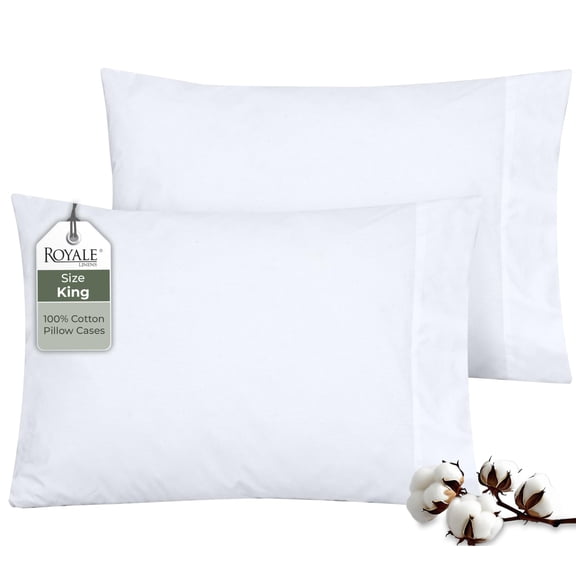 ROYALE LINENS 200 Thread Count 100% Long Staple Combed Cotton Pillowcases Set of 2 - Ultra Soft - King Bed Pillow Cover - 20"x40" - Breathable, Cool & Crisp Percale White Pillow Cases (King, White)