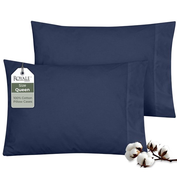 ROYALE LINENS 200 Thread Count 100% Long Staple Combed Cotton Pillowcases Set of 2 - Ultra Soft - Queen Bed Pillow Cover - 20"x30" - Breathable, Cool & Crisp Percale White Pillow Cases (Queen, Navy)