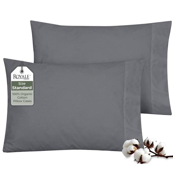 ROYALE LINENS 100% Organic Cotton Percale Pillowcases Set of 2 - Standard Size Percale Pillowcase - Std Set of 2 Pillow Cover - Breathable, Cool & Crisp Grey Pillow Cases (20"x26", Grey)