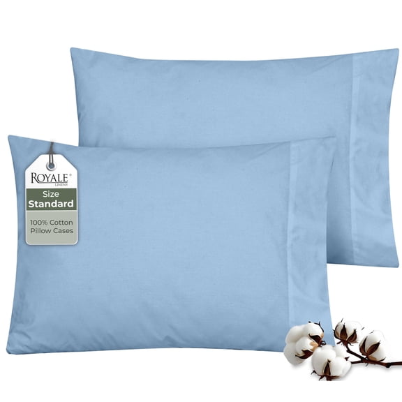 ROYALE LINENS 200 Thread Count 100% Long Staple Combed Cotton Pillowcases Set of 2 - Ultra Soft - Standard Bed Pillow Cover - 20"x26" - Breathable, Cool & Crisp Percale White (Std, Lake Blue)