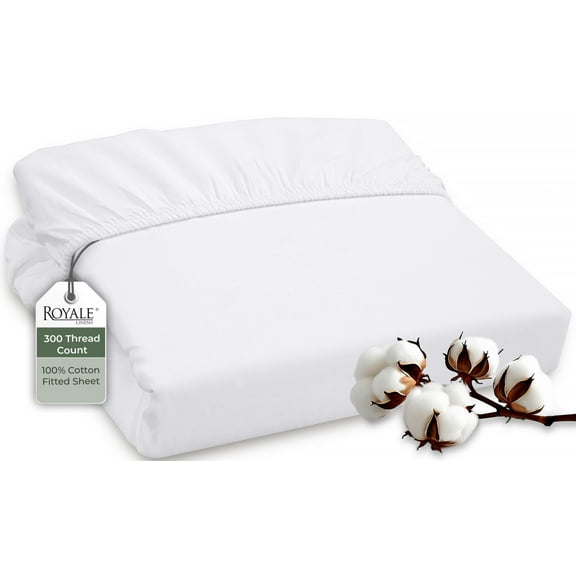 ROYALE LINENS 300 Thread Count 100% Long Staple Combed Cotton Fitted Sheet Queen - Super Soft Deep Pocket Bottom Sheet - Fitted Sheets Only - Elastic Sheets (Queen, White)