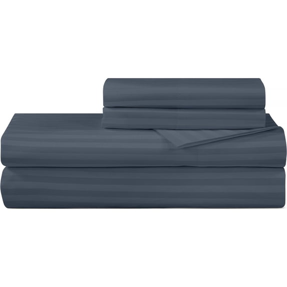 ROYALE LINENS 300 Thread Count 100% Long Staple Combed Cotton Printed Sheet Set - 3 Piece Twin Bed Sheets - 1 Fitted, 1 Flat & Pillow case -Soft Cool & Crisp Sheet Set (Twin, Stripe Navy)