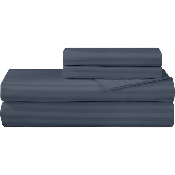 ROYALE LINENS 300 Thread Count 100% Long Staple Combed Cotton Striped Sheet Set - 4 Piece Queen Bed Sheets - 1 Fitted, 1 Flat & 2 Pillow Cases - Soft Cool & Crisp Sheet Set (Queen, Stripe Navy)