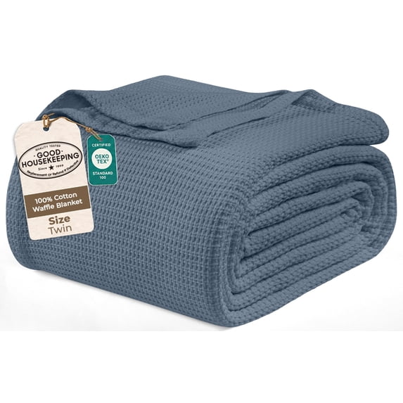 ROYALE LINENS Cotton Waffle Blanket - Breathable and Soft, Lightweight and Cozy Waffle Weave Bed Blanket for All Season (Twin, Bering Sea)