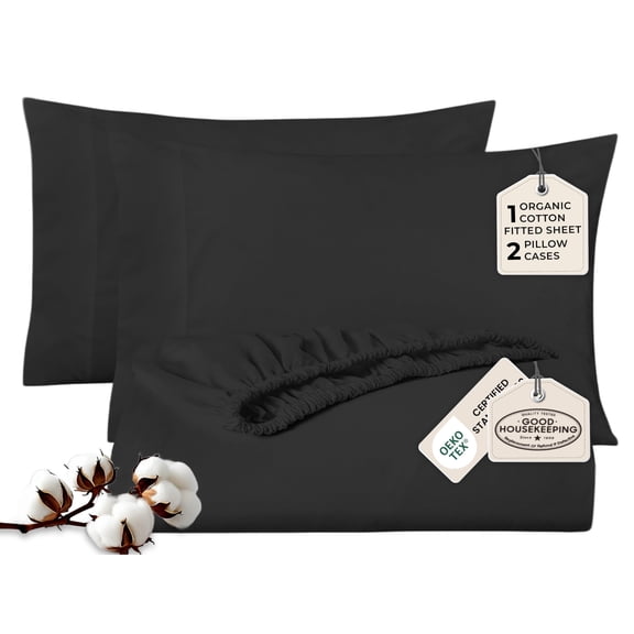 ROYALE LINENS Fitted Sheet with Pillowcase - Twin XL Fitted Sheets with 1 Pillowcase - 300 Thread Count 100% Organic Cotton - Fit Mattress Up to 18" Deep - Soft & Breathable - Black (No Flat Sheet)