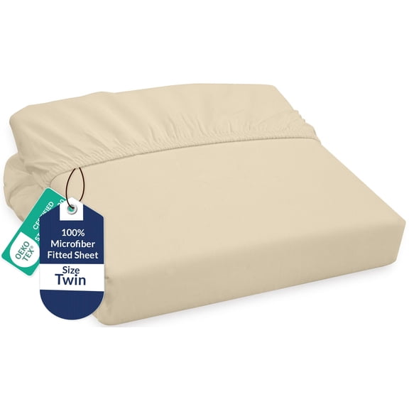 Royale Linens Fitted Sheet Twin - Ultra Soft 1800 Brushed Microfiber - Hotel Luxury Bottom Sheets - Wrinkle Free & Fade Resistant - Deep Pocket Fitted Sheet Only (Twin, Sand)